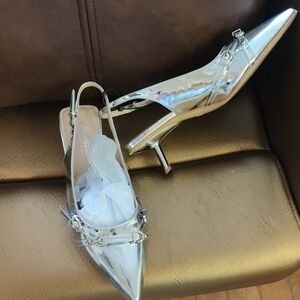 Silver Pointed Slingback Heels with Buckle Accent